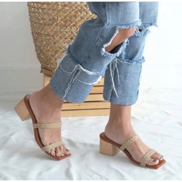 INNÉ Shoes - INNE Tania 2-Strap Heel Natural Abaca Braided Wood Block Sandals Women Size 10
